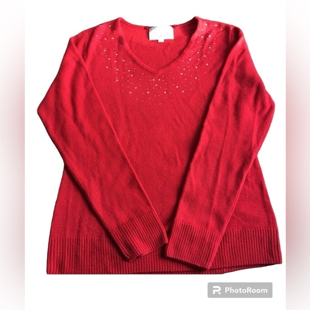 Red Valentine's Day Long Sleeve Sweater Embellished Sparkle Medium petite